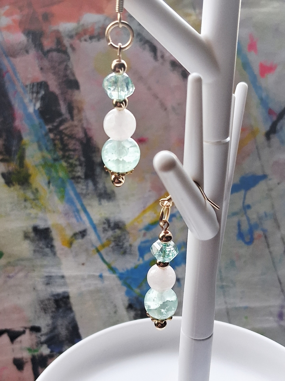 Delicate Mint and White Bead Drop Earrings - Gold Accent